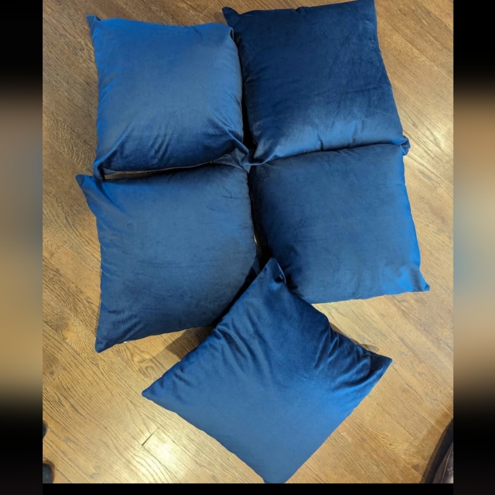 Set of Five Blue Velvet Throw Pillows 18x18